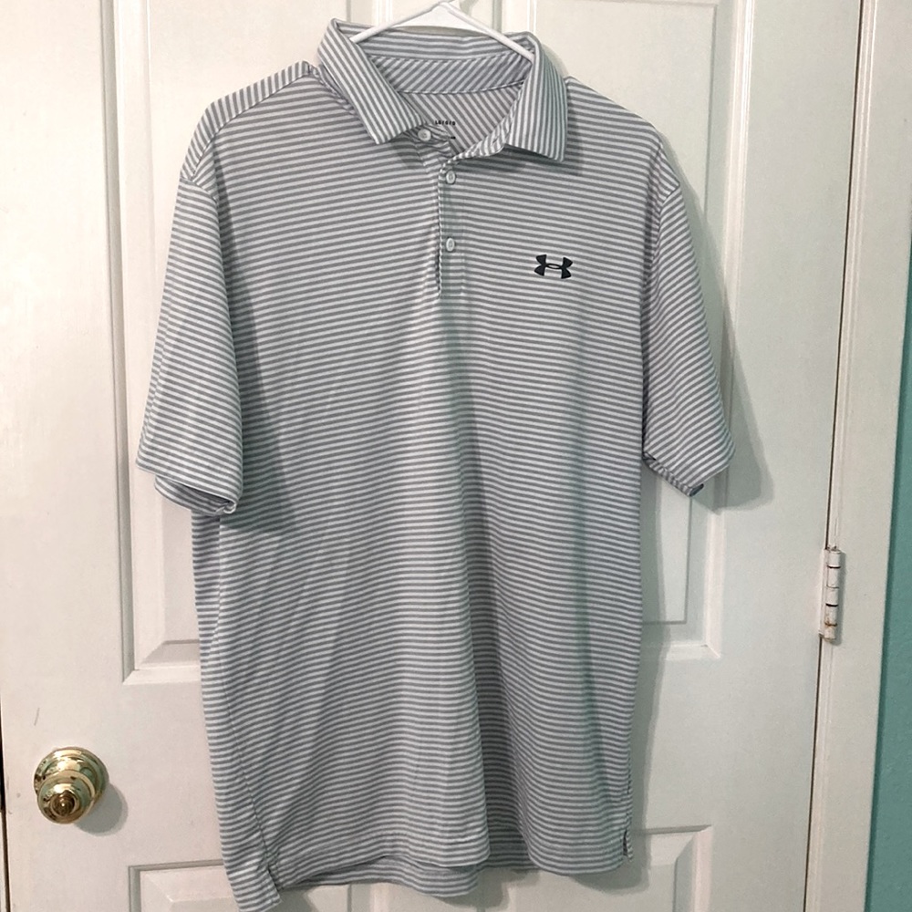 Under Armour Gray and White Striped Heatgear Polo - Men’s L